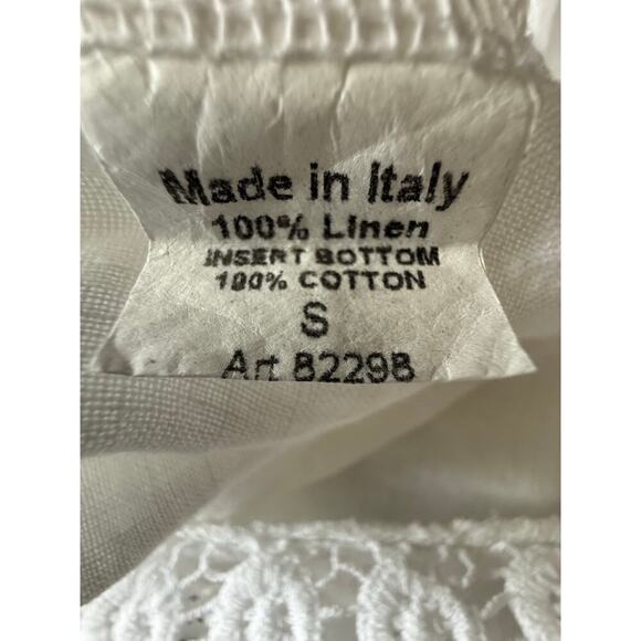 Terzo Millenio White 100% Linen Blouse Size S Crochet Trim Made in Italy Top - Picture 7 of 8
